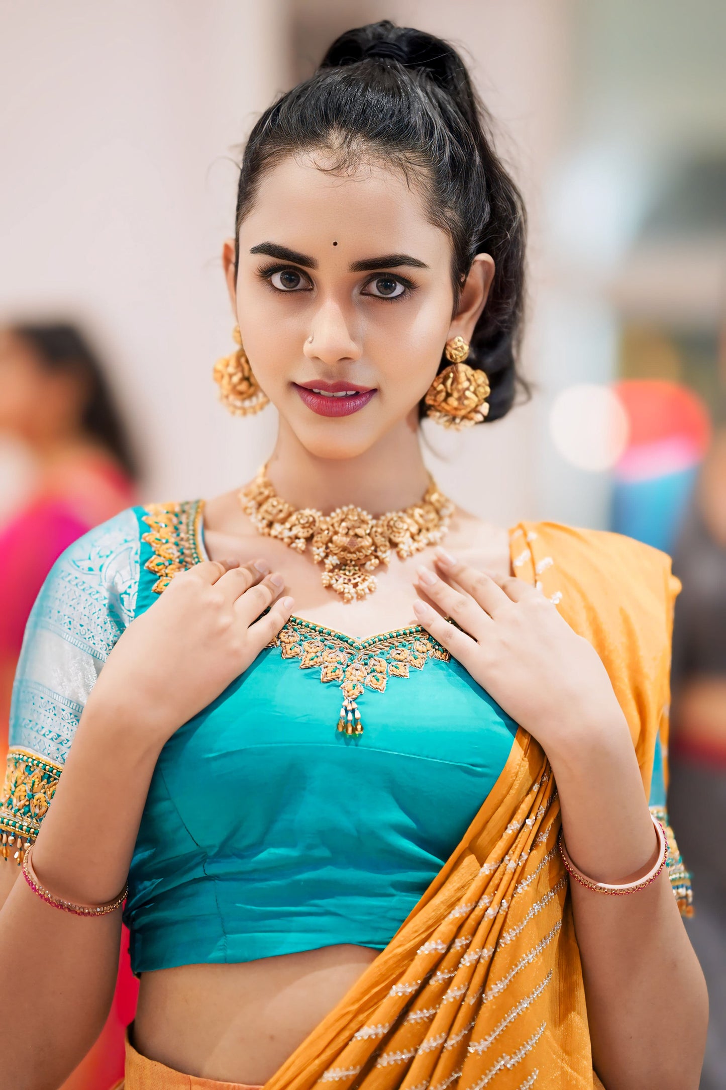 Golden - blue lehenga blouse