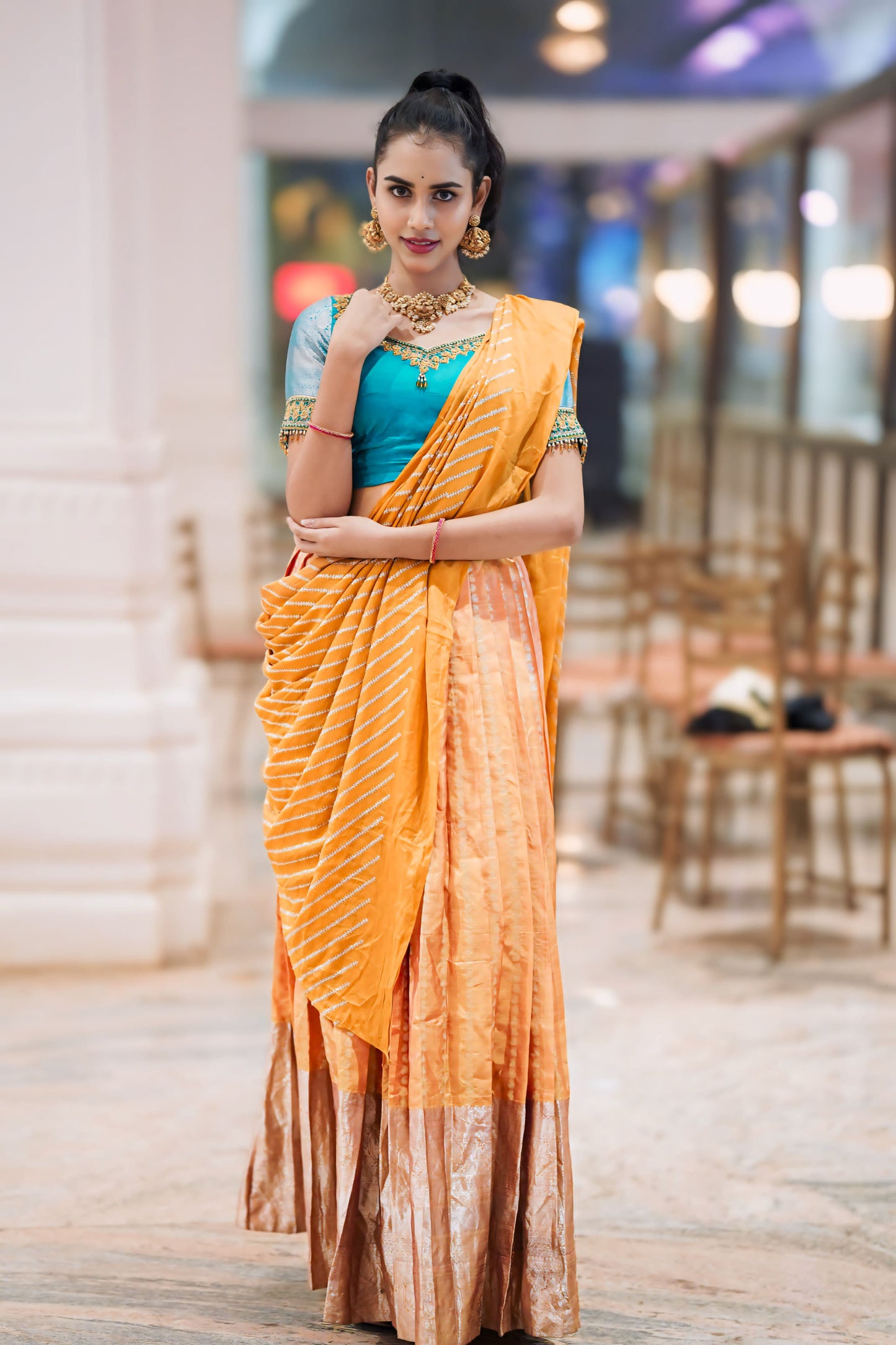 Golden - blue lehenga blouse