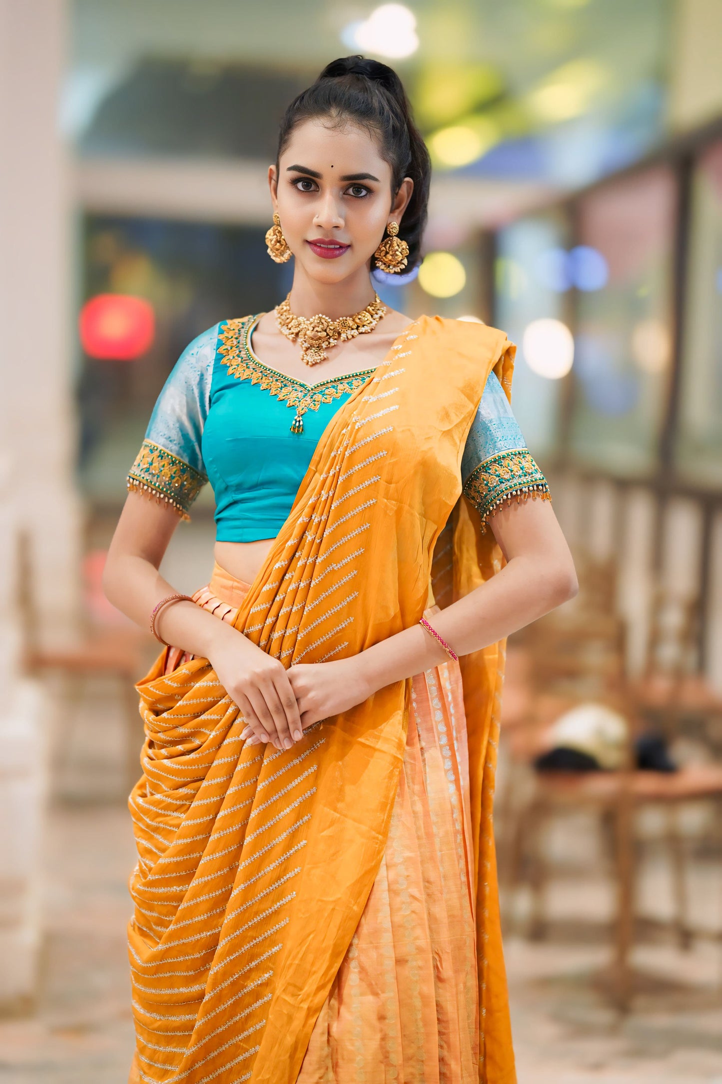 Golden - blue lehenga blouse