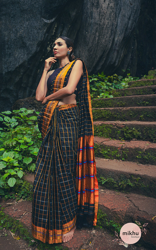 elegant black with orange border ilkal saree