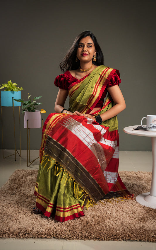 olive green ilkal saree with rich red-black-silver-golden border